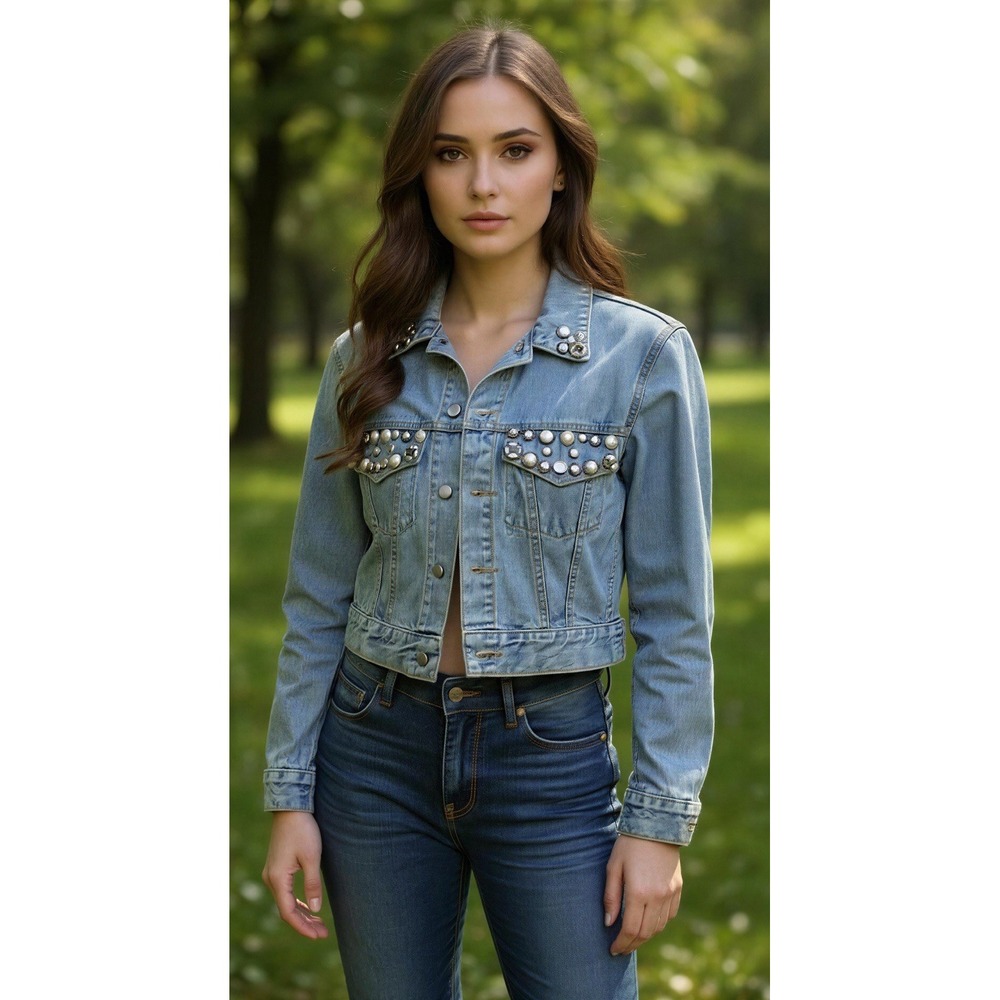 VTG Martini Pink Distressed 90s Cropped Light Wash Denim Jacket Punk Biker Sz M